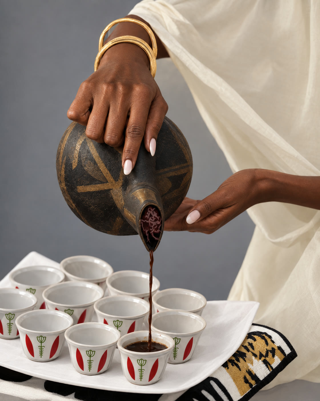Koffie wordt uit de jebena in kleine kopjes geschonken